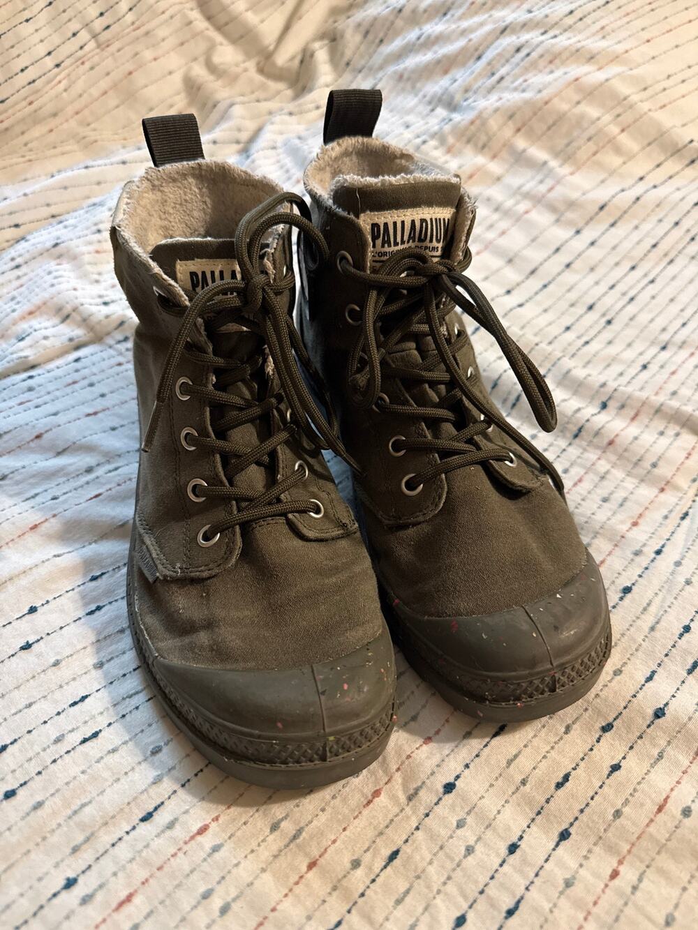 Palladium Pampa Hi Canvas Speckled Boots Army Green Sz 8 Women’s Faux Fur Lined